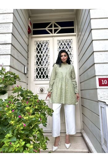 KÜÇÜĞÜM BUTİK Green Poplin Tunic - Ruffle Collar and Crispy