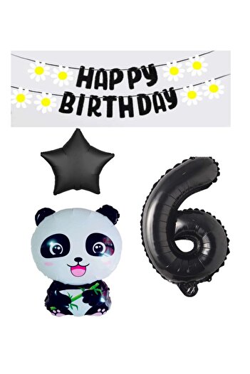 STAR PARTY Age 6 Panda Birthday Party Set - Star Black Banner, Star Figure