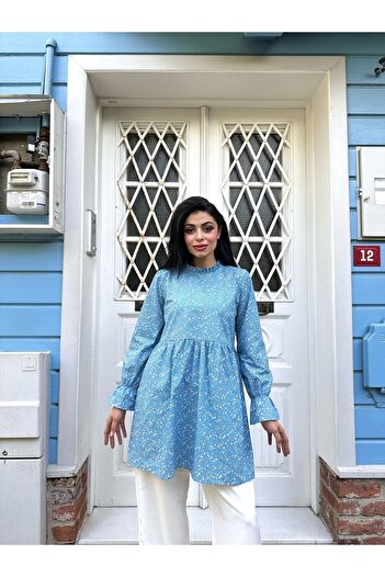 KÜÇÜĞÜM BUTİK Blue Poplin Tunic with Ruffle Collar and Crispy Detail