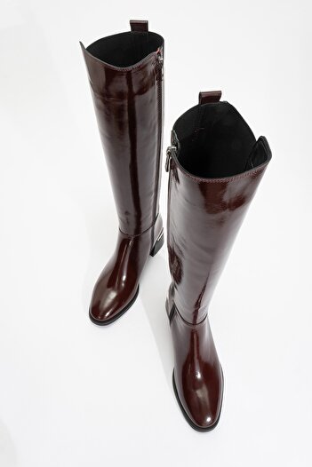 LuviShoes Rochos Burgundy Patent Leather Stretch Detailed Genuine Leather Women's Boots