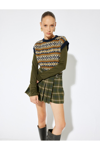 Koton Sima Tarkan Oversize Knitwear Sweater - Round Neck, Multicolor Ethnic Pattern