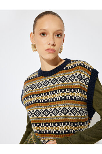 Koton Sima Tarkan Oversize Knitwear Sweater - Round Neck, Multicolor Ethnic Pattern