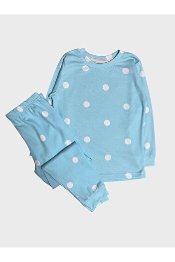 elmas kids Set de pijamale de iarnă pentru fete, 100% bumbac, albastru, alb, cu mâneci lungi, cu modele de buline