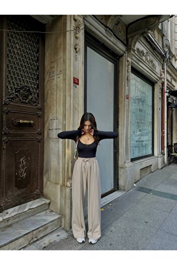 SHEYMA Butik Elastic Waist Lace up Pants with Grass Stitching Detail