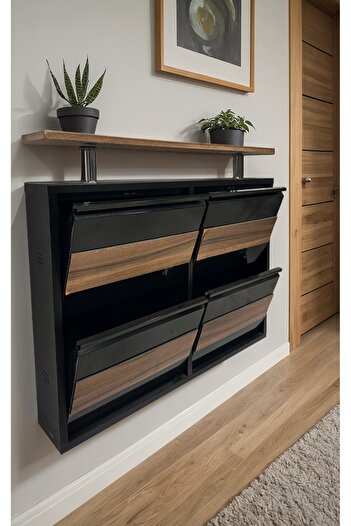 Formet Tablalı 4'lü MDF Kaplamalı Metal Ayakkabılık - Siyah Natural Ceviz