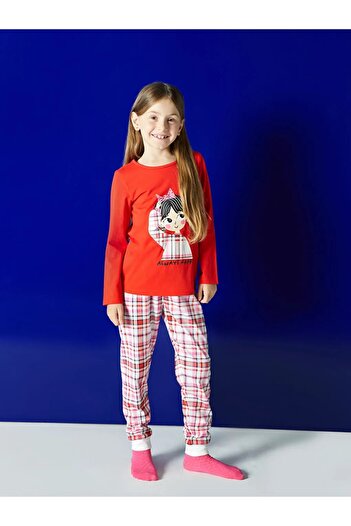 LC Waikiki LCW Kids Kırmızı Bisiklet Yaka Baskılı Uzun Kollu Kız Çocuk Pijama Takımı