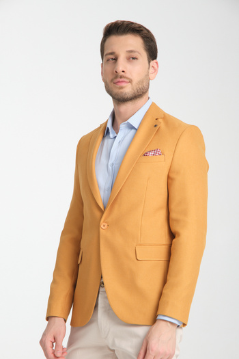 Frappoli Alfredo Men's Yellow Mono Neck Linen Print Slim Fit Sports Blazer Jacket