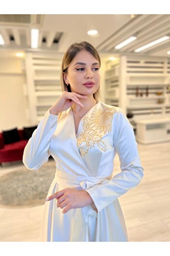 White Corner Embroidered Satin Dress