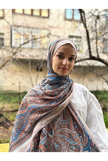 shalby Κρέμα βαμβακερής σάλι με έθνικ μοτίβο Hijab - Μπλε