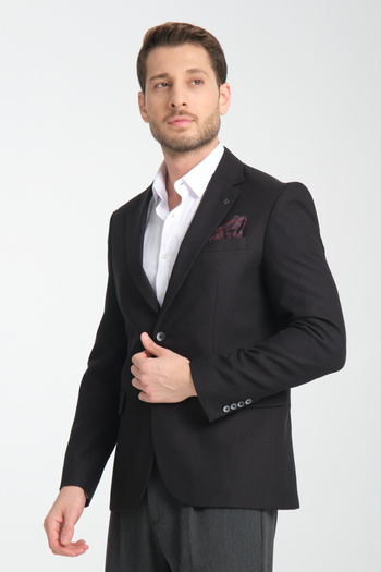 Frappoli Alfredo Men's Black Mono Neck Linen Print Slim Fit Sports Blazer Jacket