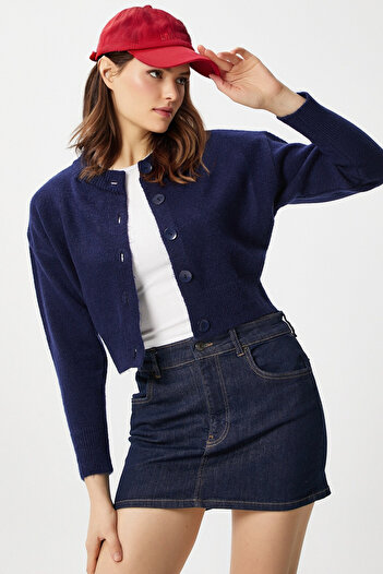 Ritnice Women's Tilia Crop Navy Blue Knit Cardigan