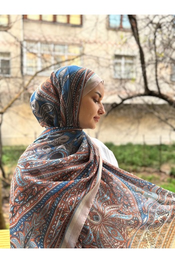 shalby Κρέμα βαμβακερής σάλι με έθνικ μοτίβο Hijab - Μπλε