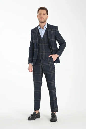 Frappoli Slim Fit Navy Plaid Check Plain Mono Neck Double Slit Lined Suit Dress