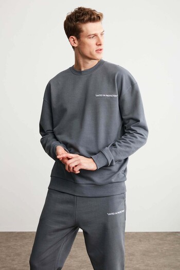 GRIMELANGE Ανδρικό φούτερ Fleece Beige - Raırok, Oversize κεντημένο, Σκούρο Γκρι