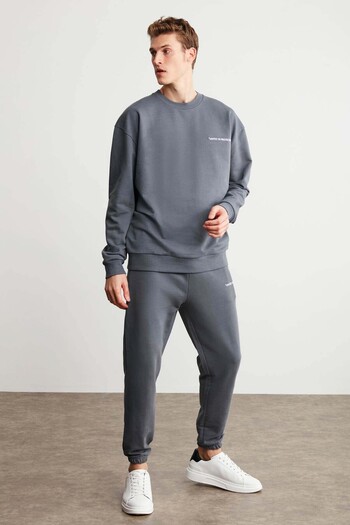 GRIMELANGE Ανδρικό φούτερ Fleece Beige - Raırok, Oversize κεντημένο, Σκούρο Γκρι