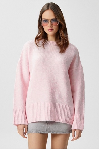 Ritnice Women's Homy Soft Crew Neck Soft Pink Oversize Knitwear Sweater