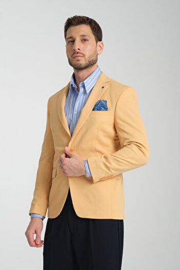 Frappoli Baselna Erkek Sarı Esneyen Likralı Kumaşlı Tam Astarlı Slim Fit Mono Yaka Dar Kesim Blazer Ceket