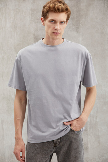 GRIMELANGE Sterling Men's Oversize Fit Rain Droplet Image Special Textured Gray T-shirt