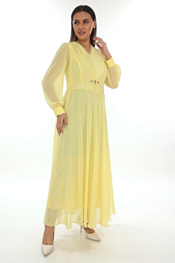 lodmela Plus Size Dress with Pleat and Bead Detail 2213- Yellow