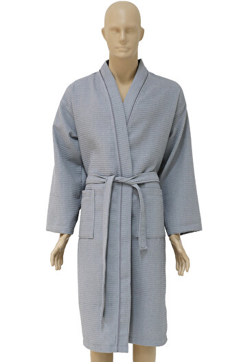 AİRYCOT Men's Silver Gray Pique Bathrobe Dressing Gown - with Intermediate Piping
