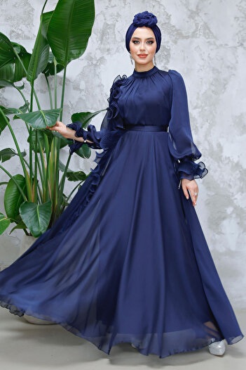 Neva Style Ruffle Detailed Navy Blue Hijab Evening Dress 48571L