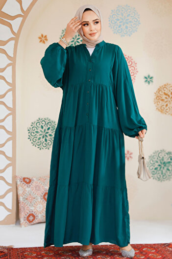 Neva Style Emerald Green Pleated Hijab Dress - 20612Zy