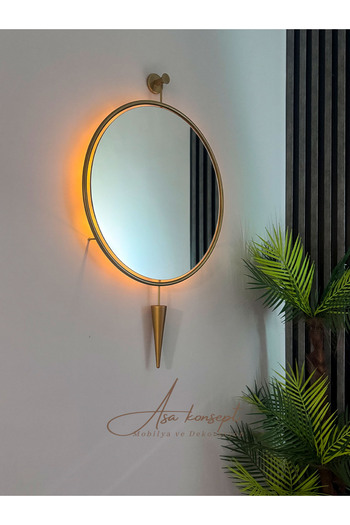 ASA KONSEPT Pilli Led'li Kazablanka Ayna Gold 60 X 95Cm Kablosuz Dekoratif Antre Dresuar Ayna Makyaj Aynası