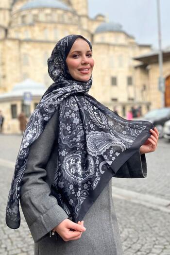 Sultan Soft Cotton Shawl - Shawl Pattern - Slt3079-19 - Black, Grey