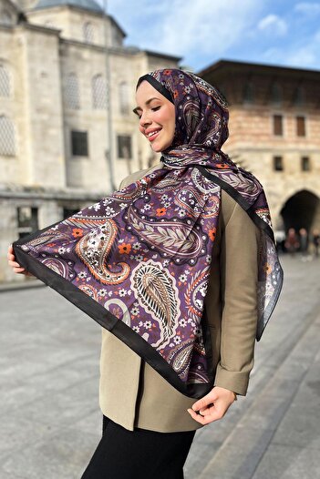 Sultan Soft Pamuk Şal - Şal Desen - SLT3079-12 - Mor, Yeşil, Siyah