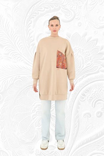 Puane Women's Crew Neck Scuba Fabric Shiny Pocket Detailed Tunic