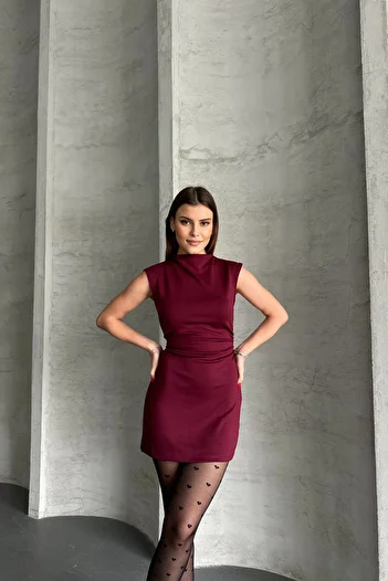 Diviny Women's Burgundy Zero Sleeve Side Shirring Detail Mini Dress