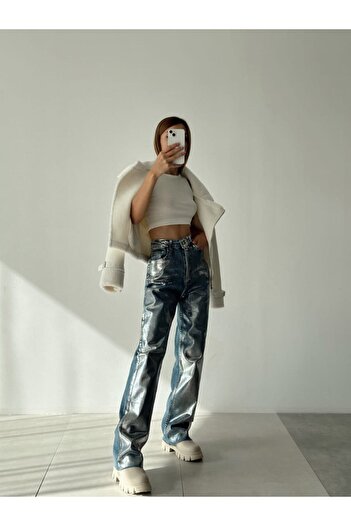 Diviny Blue Silver Metallic Shiny Wide Leg Covering Jeans