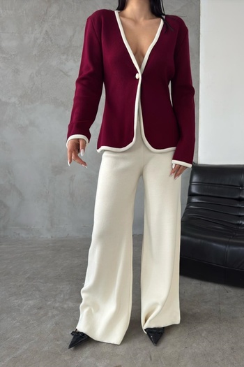 WOMAN VISION Ecru High Waist Pants and V-Neck Low Sleeve Burgundy Cardigan Bottom Top Knitwear Suit 5200