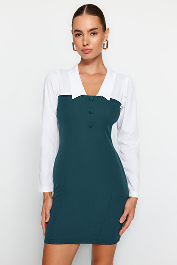 Trendyol Collection Petrol Body Wrap Shirt Collar Mini Woven Dress TWOAW23EL00611