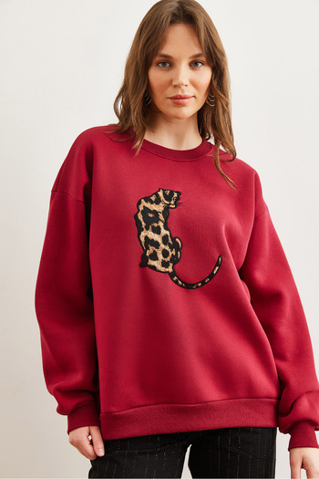 Olalook Women's Burgundy Leopard Applique Raster Oversize Sweatshirt Swt- 19000698