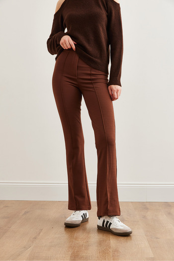 Olalook Women's Bitter Brown Single Button Front Stitched Stretchy Pants Pnt- 19000310