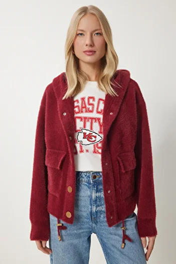 Happiness İstanbul Women's Burgundy Hooded Soft Textured Knitted Jacket Pf00109