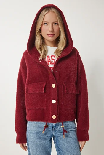 Happiness İstanbul Women's Burgundy Hooded Soft Textured Knitted Jacket Pf00109