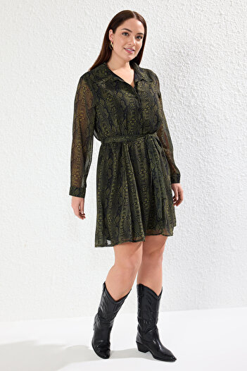Trendyol Curve Multicolor Belted Animal Print Waist Opening Lined Mini Chiffon Woven Dress Tbbaw25Ah00115