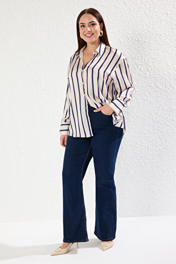 Trendyol Curve Ecru Stripe Satin Stylish Plus Size Woven Shirt Tbbaw25Ax00022