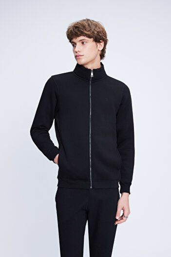 Hatemoğlu Black Regular Fit Plain Cotton Full Length Zip-Up Sweatshirt