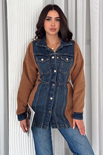 FEMELLE Women's Waist Belted Buttoned Denim Jacket