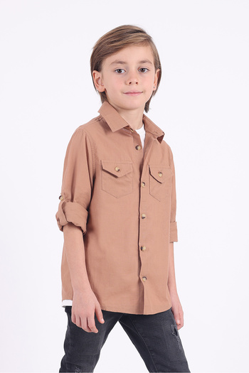 Pollito Boy's 2-Pocket Cotton Brown Shirt T-Shirt Set
