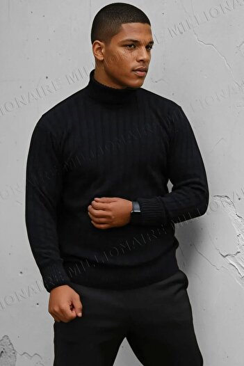Millionaire Men's Black Turtleneck Winter Knitwear Sweater