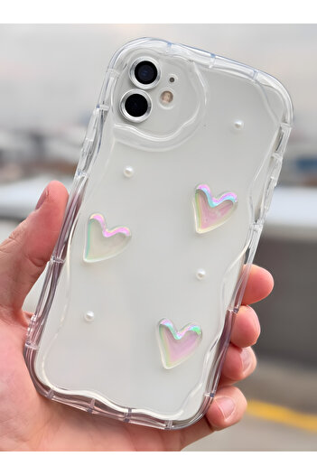 Fibaks Apple Iphone 11 Kılıf 3d Kalpli Ve Inci Tasarımlı Desenli Kamera Korumalı Şeffaf Silikon Kapak