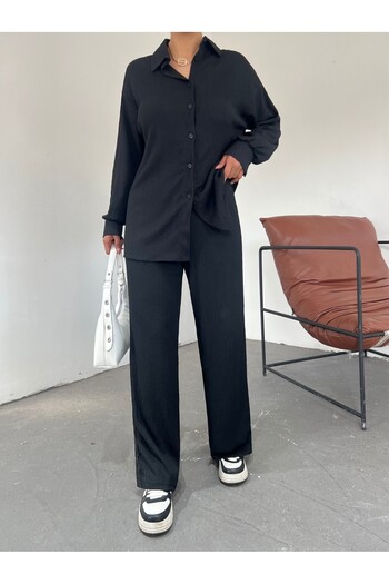 Modamorfo Long Buttoned Casual Crinkle Double Set - Black