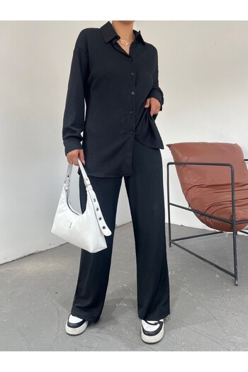 Modamorfo Long Buttoned Casual Crinkle Double Set - Black