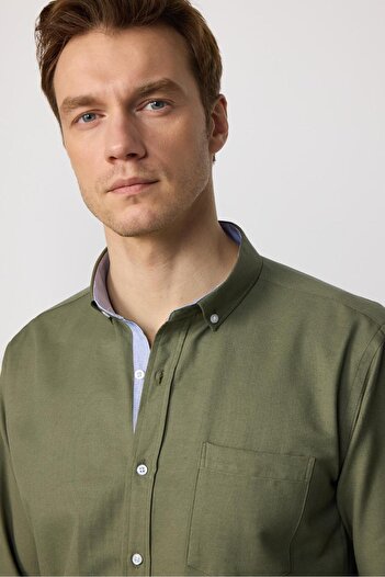 Tudors Men's Regular Fit Classic Cut Button Collar Cotton Easy Ironing Oxford Solid Khaki Shirt