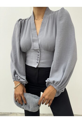 Modamorfo Buttoned Balloon Sleeve Sandy Crop with Elastic Back - Gray