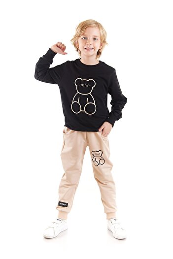 AHENGİM Boy's Seersucker Teddy Bear Printed Trend Tracksuit Set Ak2530